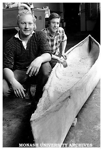 Chisholm civil engineering students Andrew Plail (left) and Peter Mackay with their moulded concrete canoe