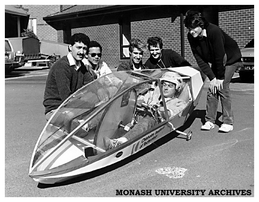 Chisholm electrical and mechanical engineering students and the electric powered vehicle they designed. Students (left to right) Maher Kharoufeh, Patrick Grandsable, Oliver Susie, Bassam Hanna, John Papansasiou and driver Andrew Edney