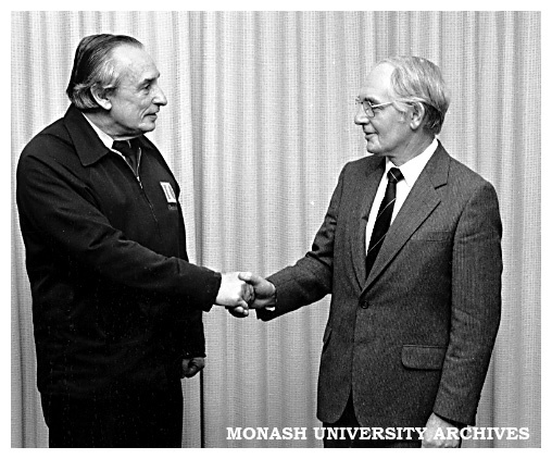 Property Supervisor Mr Jim Gorse (left) being congratulated by Acting Director Mr Gerry Maynard on 27 years service to Chisholm Institute of Technology
