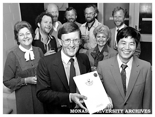 Staff of Chisholm David Syme Business School farewell Mr Chen De Cai, an exchange student from the Foreign Trade Bureau of China's Jiangsu Province.