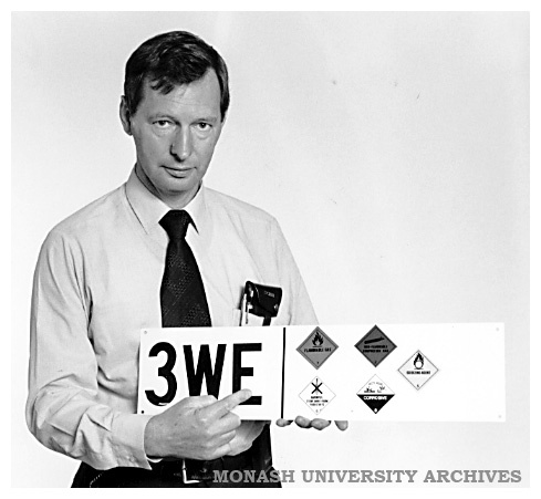 Chisholm Safety Officer Mr Alex Glennie with one of the new HazChem signs being used on the Caulfield and Frankston campuses