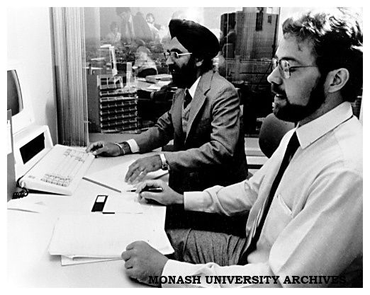 Chisholm Institute students Darshan Gill and Peter Kreuger using the 'Freaudit' microcomputer accounting package