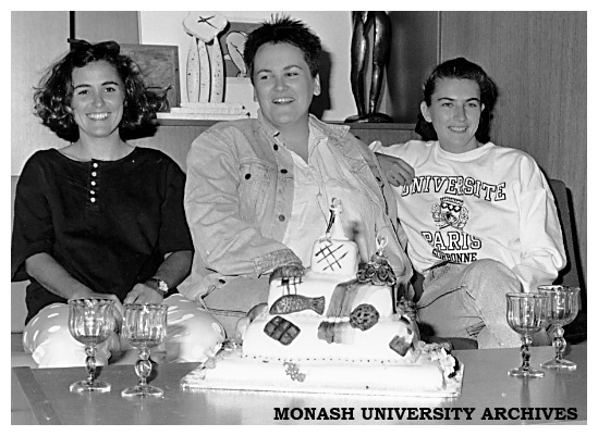 Ceramic Design students (from left) Rhonda Freeman, Janeen Toner and Harriet Shelton with the 'Chisholm Crossword Cake' entered in the Comedy Festival cake competition