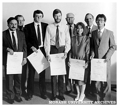 Inaugural recipients of the Pearcey Centre Certificates of Computing (front row from left) Louis Cipriani, Mark Mackojc, John Stirling, Maria Diamatarias-Toliopoulos and Suradi Tunggal-Dinata