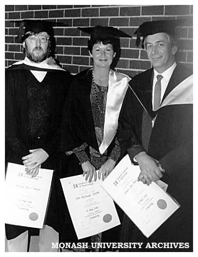 Chisholm's first Master of Computing graduates (from left) William Brewer, Jean Evans and John Moore
