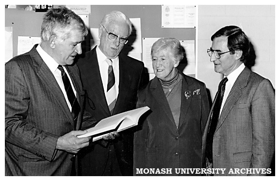 Honorary Bibliographer to the University Mr Ian McLaren (second from left) awarded a Master of Arts for his bibliographies. He is pictured with his wife Eileen, Chisholm Director Dr Geoff Vaughan (left) and Brian McFarlane