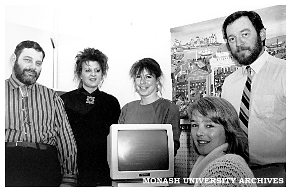 MicroMUMPS laboratory data retrieval system development team (from left) Roy Hirsch, Sandra Wilson, Liza Hall Angela Prior (Project leader on secondment from Monash Library) and System Librarian David Foot