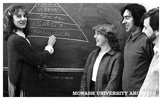Irene Powell, visiting lecturer in the Marketing Department of David Syme Business School, lectures to students (from left) Jeannette Sharp, Selwyn Ryzman and Tony Shaw