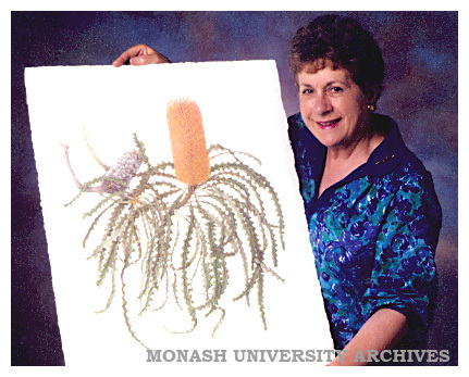Botanic artist Celia Rosser with a banksia watercolour