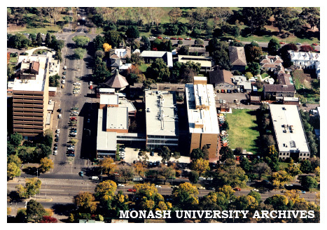 Aerial view of Victorian College of Pharmacy Parkville campus looking west across Royal Parade
