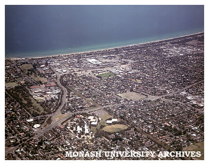 Aerial view of Frankston campus. View looking west toward Port Phillip Bay