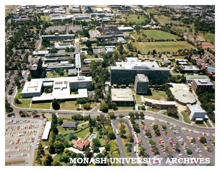 Aerial view of Clayton campus. View toward north with the Vice-Chancellor's house and pool in the foreground