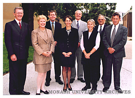 New members of University Council (from Left) the chancellor Mr Jerry Ellis, Ms Anne Sherry, Dr Paul Rodan, Ms Wendy Peter, Mr John Laurie, Ms Louise Adler, Associate Professor Andrew Markus and Dr Mark Schapper