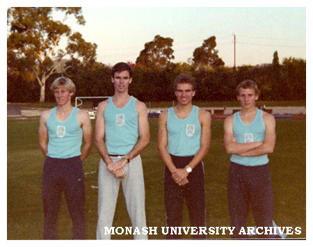 Monash Intervarsity track and field members at Adelaide University. Mens 1600m medley relay winners Mark Bartels (800m), Greg Parker (200m), David Hodgson (400m) and Ian Blanchonette (200m).