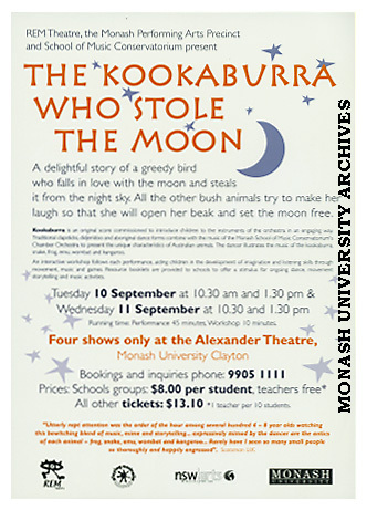 Flyer (back)for 'The Kookaburra Who Stole The Moon' an Australian Bush Story with Orchestra