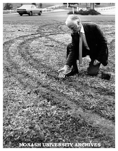 Grounds Curator John Cranwell, examining damage caused by vandals