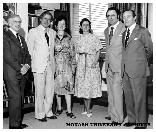 Visit by the Spanish Ambassador. (From left) Dean of Arts Professor John Legge, Vice-Chancellor Ray Martin, Mrs Rena Martin, unknown, Professor of Spanish Ronald Keightley and Spanish Ambassador Carlos Martinez-Shaw
