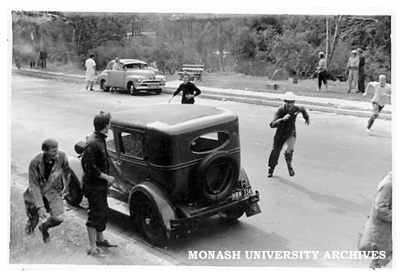 Caulfield Technical College students raft race - Ian Stent (left), Barry McPherson and Chris Renbenton (in helmet)