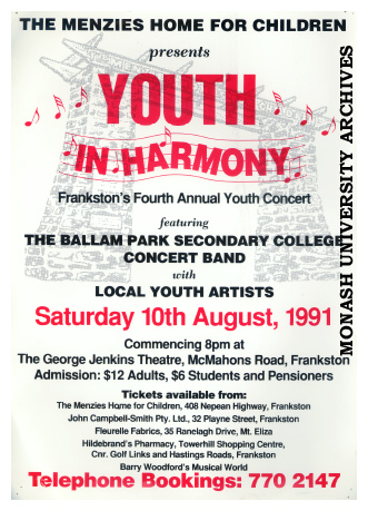 Poster for 'Youth in Harmony,' by the Menzies Home for Children in Frankston's Fourth Annual Youth Concert.