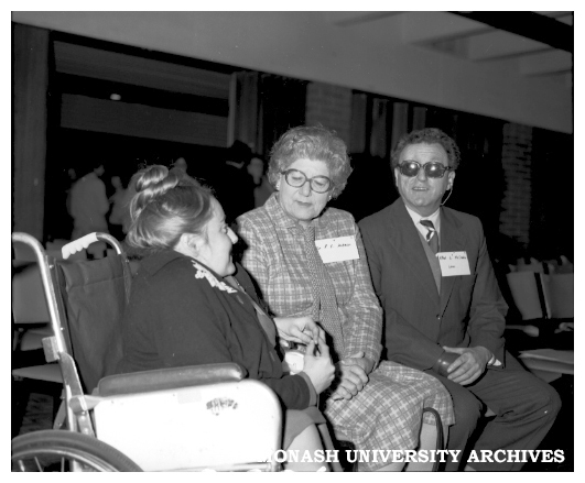 Associate Professor Lawrence McCredie (from right) talking to Dr Pat Hutson and Monash graduate Sue Shaw at equality of disabled people symposium