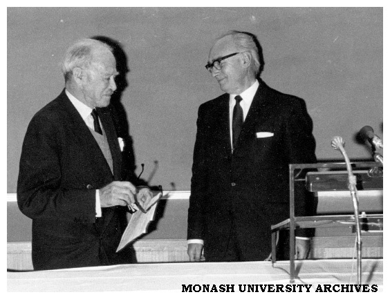 Lord Casey (left) and Vice-chancellor Louis Matheson at the dedication of the Flying Foxes mural