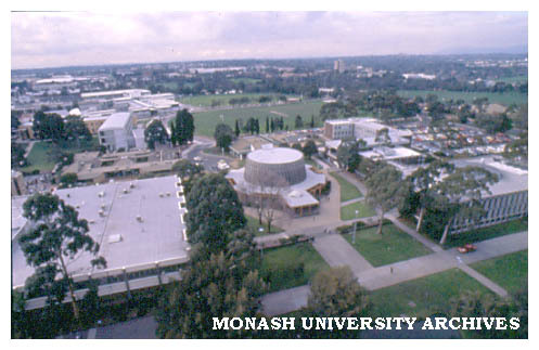 Aerial view of Clayton campus looking north, with the Religious Centre in mid-frame.