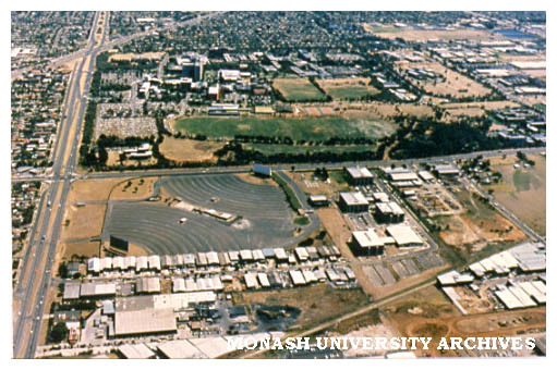 Aerial view of Clayton campus with drive-in in foreground