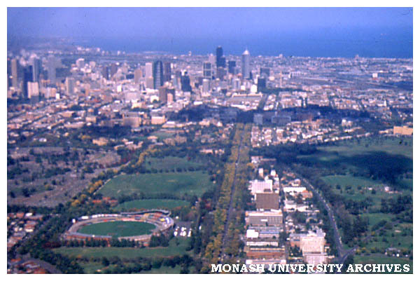 Aerial view of Parkville campus, looking south towards Melbourne