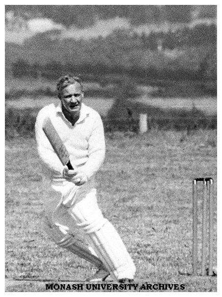 Professor Robert Street playing in first Monash University cricket match, Vice-chancellors XI v Students XI, 28 November 1961.