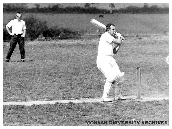 First Monash University cricket match, Vice-chancellors XI v Students XI, 28 November 1961. Doug Ellis looking for ball.