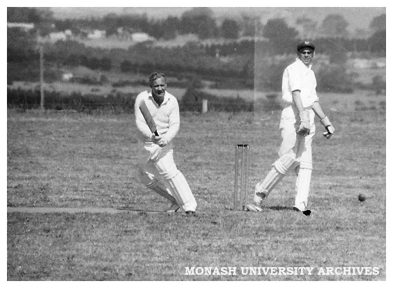 First Monash University cricket match, Vice-chancellors XI v Students XI, 28 November 1961. Professor R Street (left)