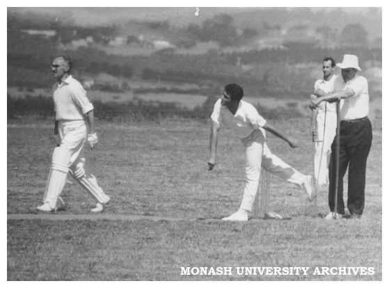 First Monash University cricket match, Vice-chancellors XI v Students XI, 28 November 1961. Dr L Matheson (left)