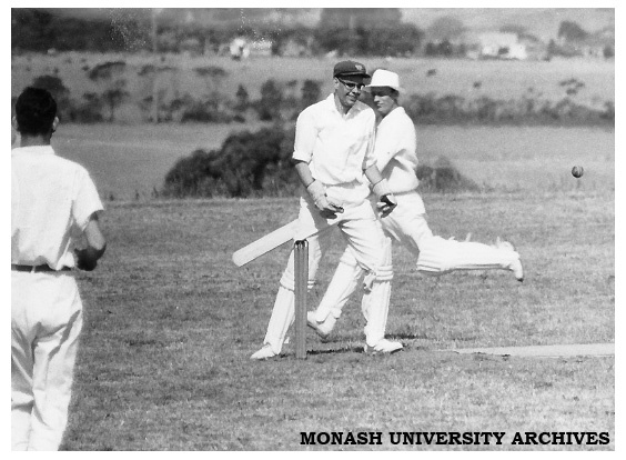 First Monash University cricket match, Vice-chancellors XI v Students XI, 28 November 1961. Professor Ronald Brown (right)