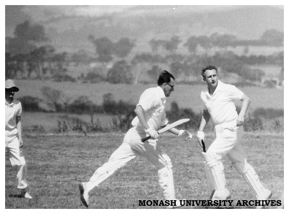 First Monash University cricket match, Vice-chancellors XI v Students XI, 28 November 1961. Doug Ellis (right) and Professor Graeme Schofield.