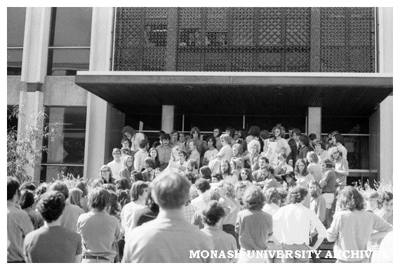 Student protesters on the steps of the Administration building.
