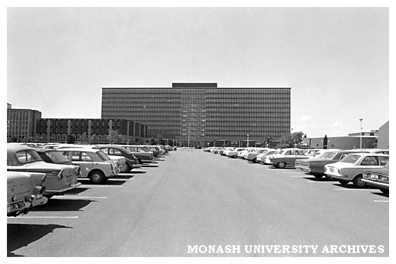 Menzies building from the south car park, with Law building at left