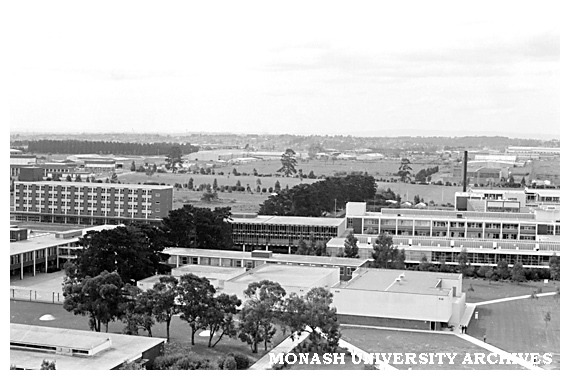 Raised view of Science lecture theatres (centre), Mathematics building (left), Hargrave Library and Engineering buildings.