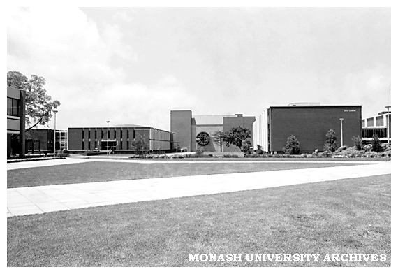 Administration building (left), Robert Blackwood Hall and Main Library