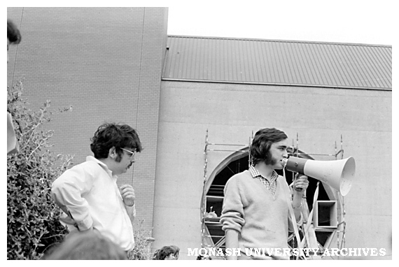 Jim Bacon addresses student protesters, with Albert Langer