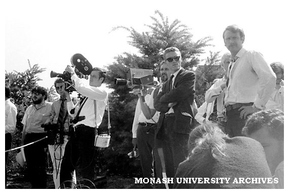 News crews at student protest rally