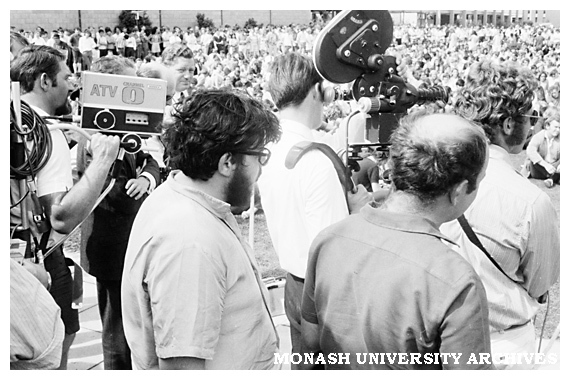 News crews at student protest rally