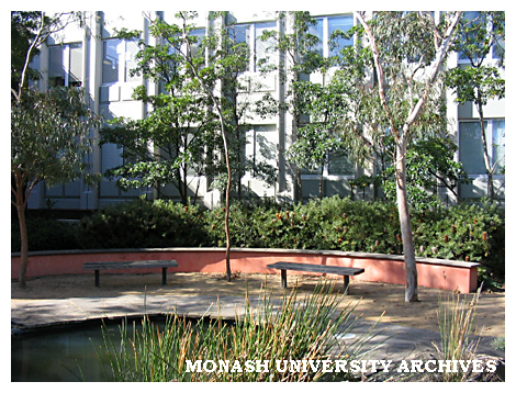 Courtyard and pond behind Administration building 3D