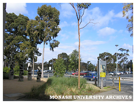 Iron bark sculptures by artist Lynne Moore, outside the Gallery Building, Clayton campus