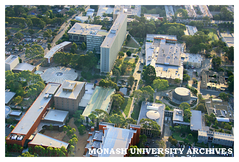 Aerial view of Clayton campus with Performing Arts Precinct in the foreground