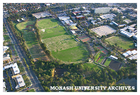 Aerial view of Clayton campus playing fields and sports centre from the north-east