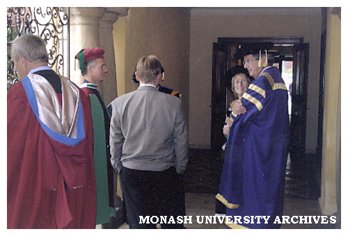 Participants in South African graduation ceremony, Professor Iain Edwards (left), Dr Jacques Steyn, Professor Gill Palmer, Vice-Chancellor Richard Larkins.