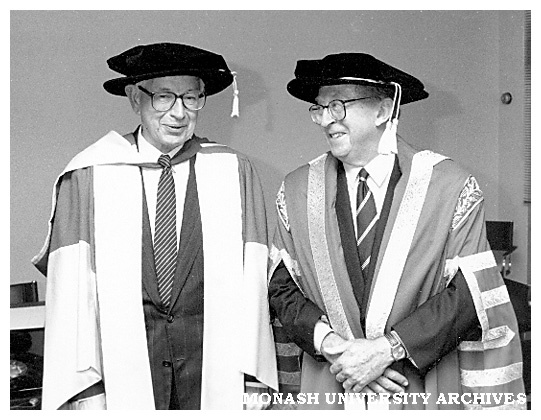 Sir Anthony Mason after receiving honorary Doctor of Laws with Chancellor Bill Rogers