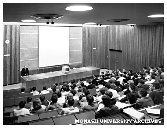 Students in physics lecture, with Professor Street lecturing