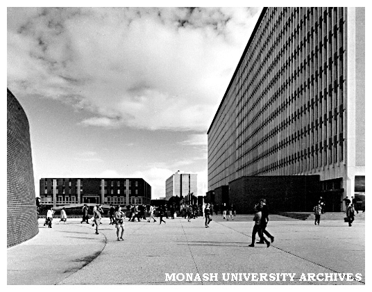 South face of Menzies building (right), Physiology building, David Derham School of Law, and Rotunda (left)