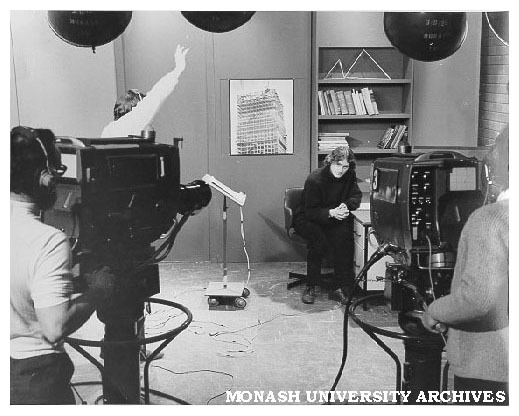 Dr Peter Darvall televising lectures. Left to right: Cameraman: Mr M. Ryan, Floor Manager: Mr D. Black, Talent: Dr P. Darvall, Lecturer, Cameraman: Mr P. Boyle
